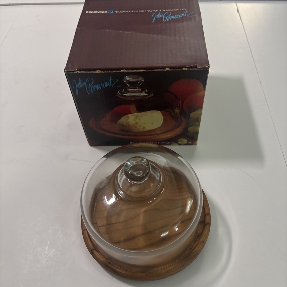 Julie Pomerantz Goodwood Teakwood Cheese Tray Glass Dome Vintage EUC